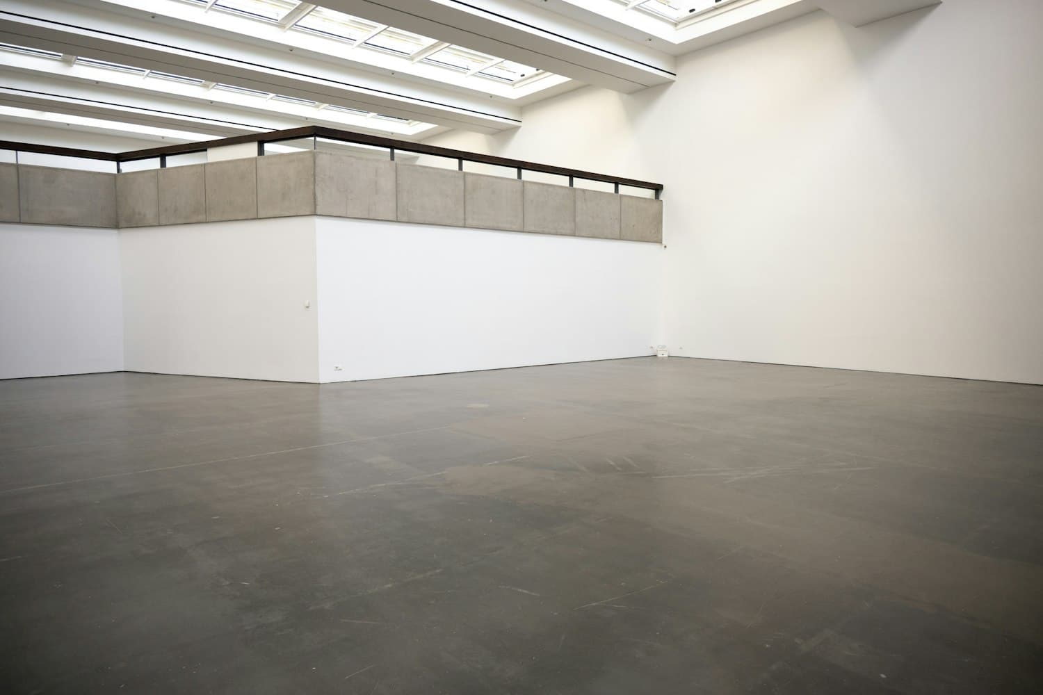 An empty gallery space with white walls and a bare concrete floor